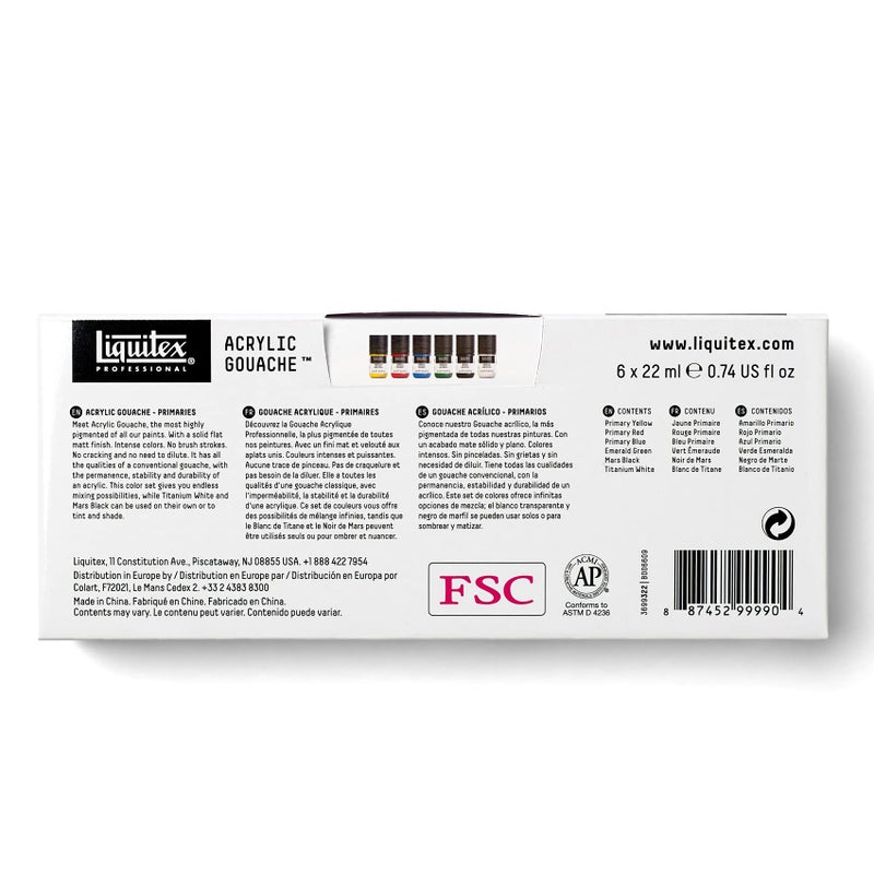 Liquitex Professional Acrylic Gouache Paint, 6 x 22ml (0.74-oz), Primaries Set - Image 4